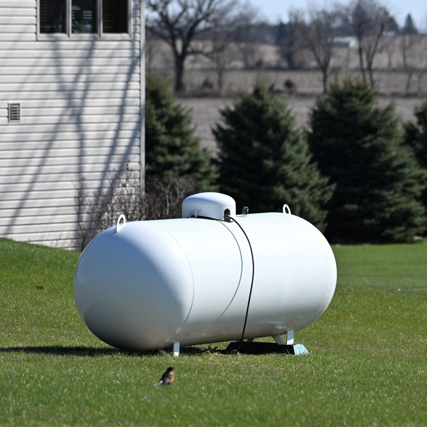 Big white propane tank in the sunshine.